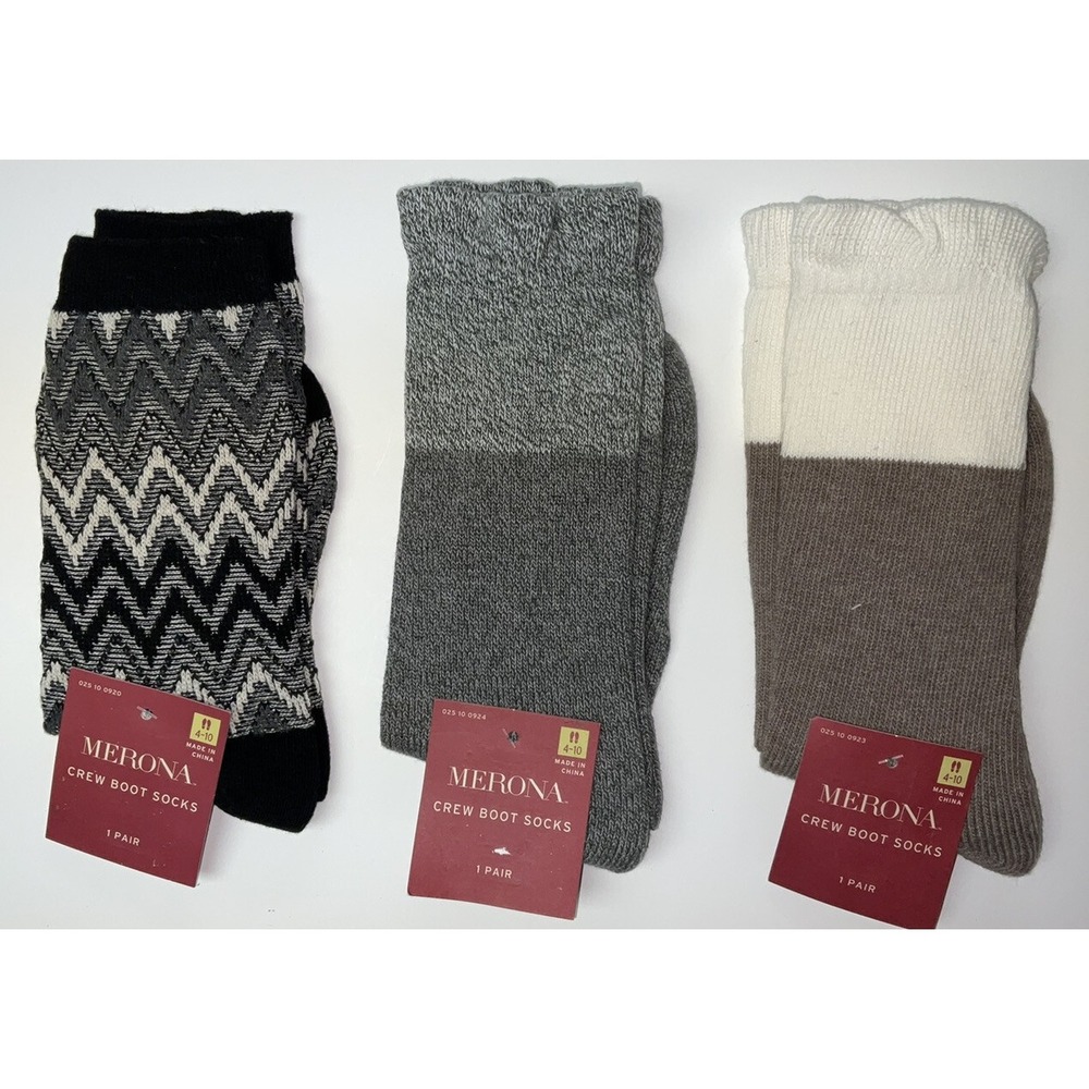 NWT 3 Pairs Merona Women Crew Boot Socks Various Patterns Black Gray Tan Sz 4-10